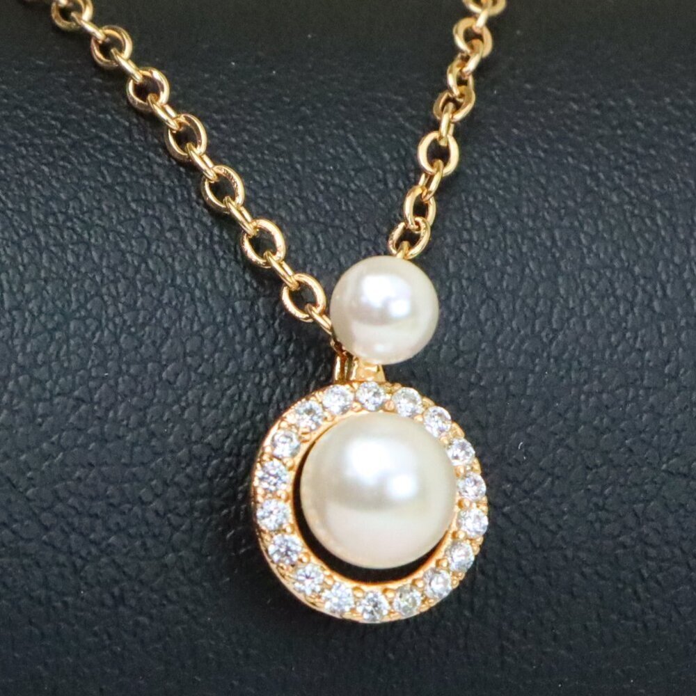 "Elegant Dual Pearl Rose Gold Necklace with Sparkling Halo Circle, XPNL1899